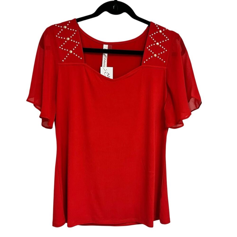 NY Collection Women's Petite Large Red Blouse Studded Flutter Sleeves